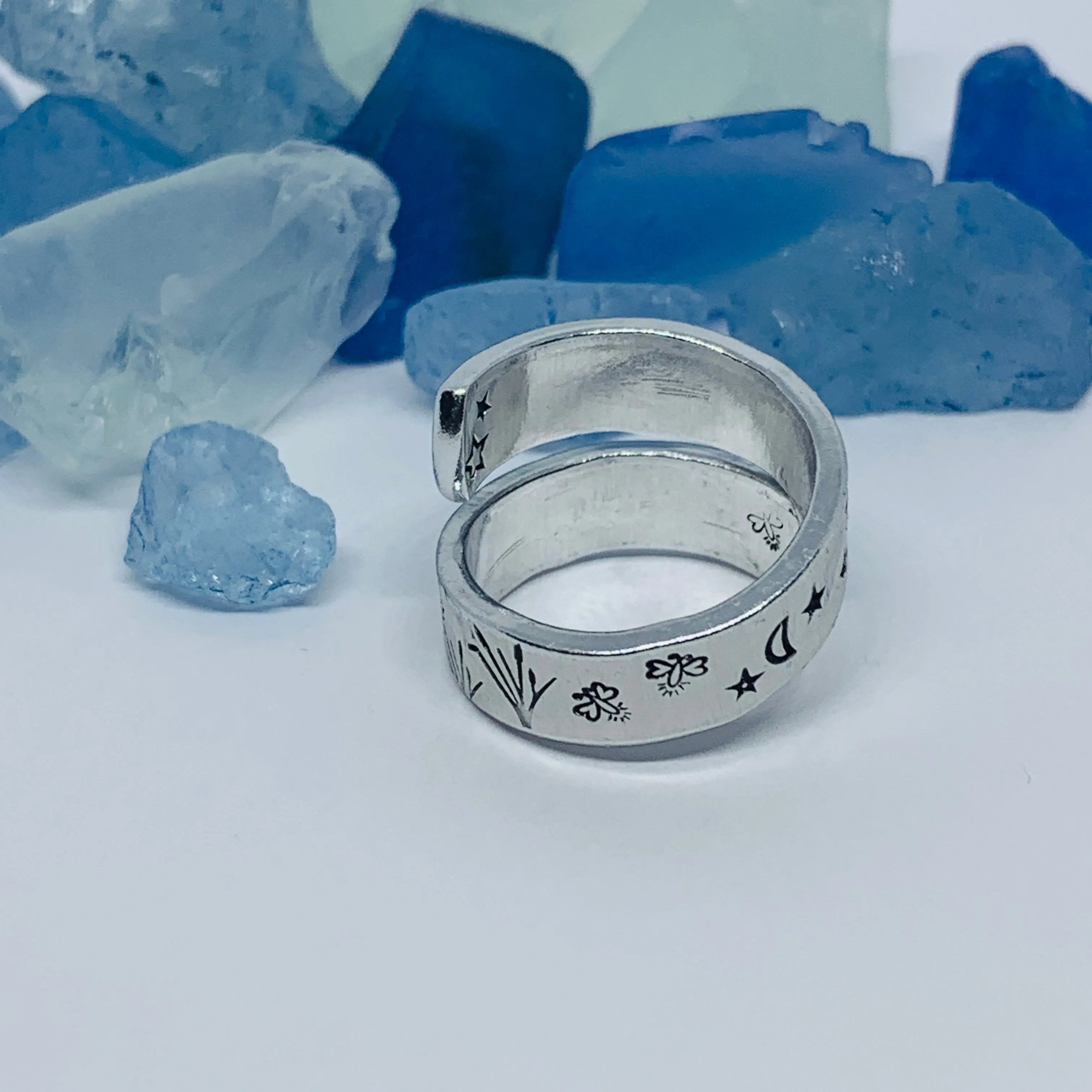 Gnome Garden Hand Stamped Wrap Ring | Gnome Ring | Garden Grass Gnome Firefly Ring | Moons Stars Gnomes Bees Grasses Fireflies | Fantasy
