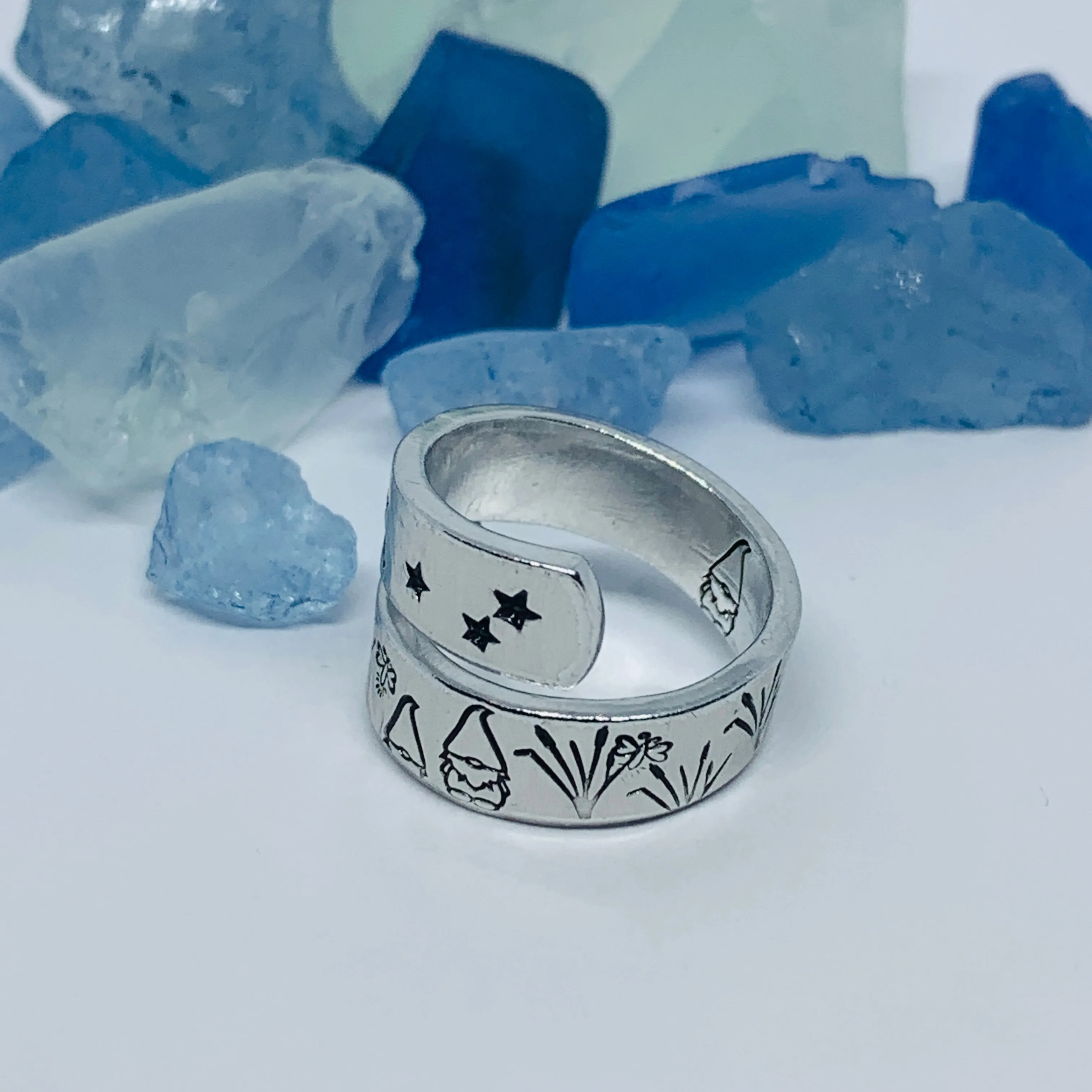 Gnome Garden Hand Stamped Wrap Ring | Gnome Ring | Garden Grass Gnome Firefly Ring | Moons Stars Gnomes Bees Grasses Fireflies | Fantasy