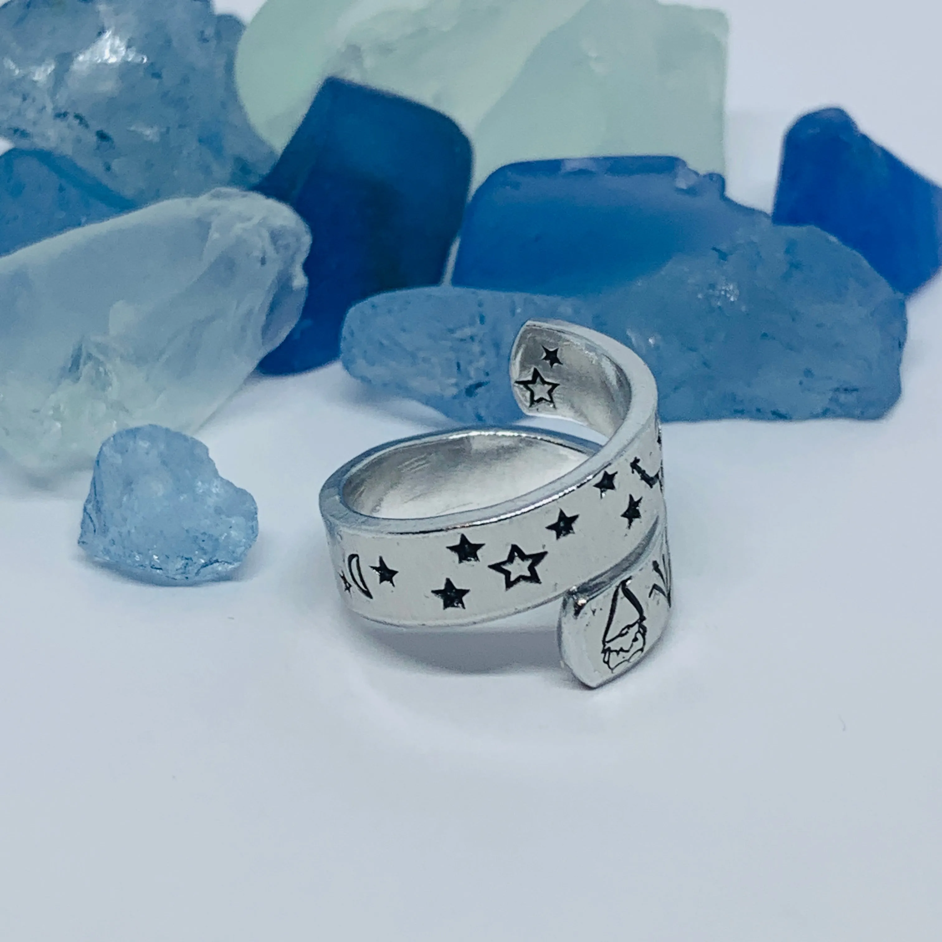 Gnome Garden Hand Stamped Wrap Ring | Gnome Ring | Garden Grass Gnome Firefly Ring | Moons Stars Gnomes Bees Grasses Fireflies | Fantasy