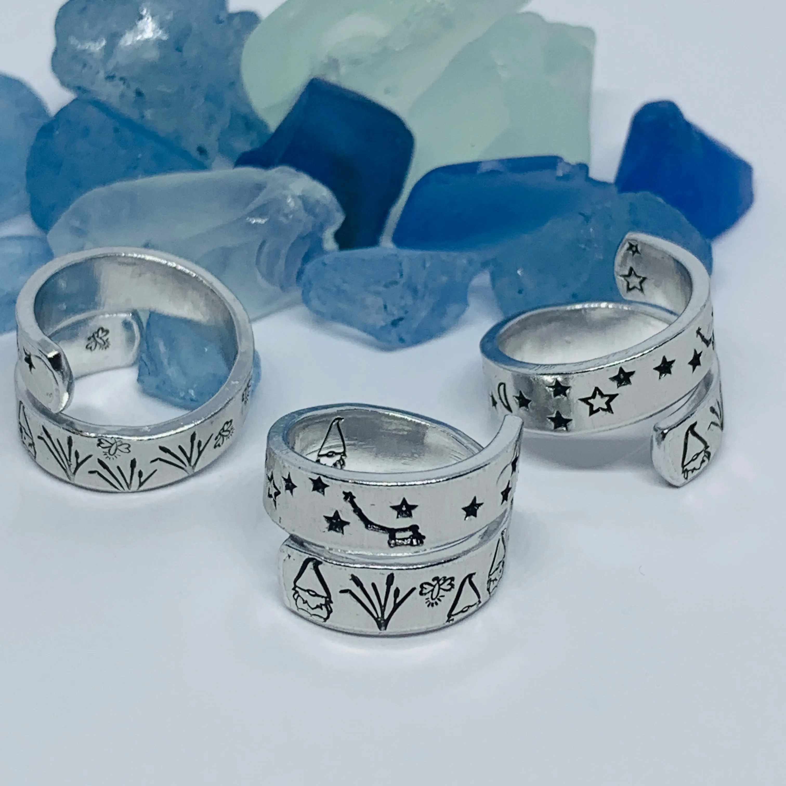 Gnome Garden Hand Stamped Wrap Ring | Gnome Ring | Garden Grass Gnome Firefly Ring | Moons Stars Gnomes Bees Grasses Fireflies | Fantasy