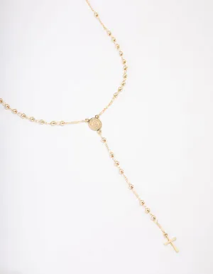 Gold Plated Coin & Cross Lariat Necklace
