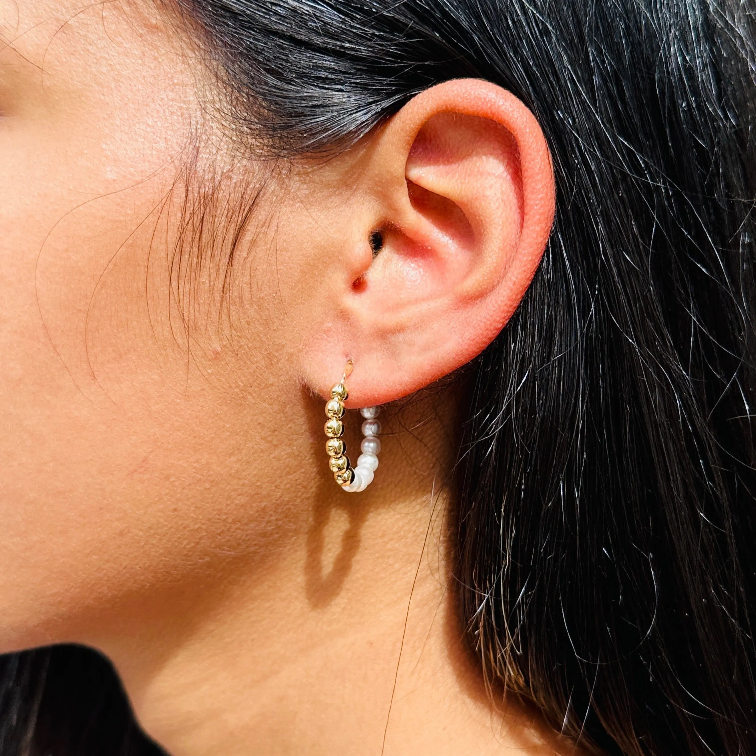 Half Pearl x Gold Beaded Hoops