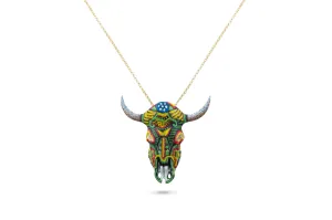 Hand Carved & Painted Steer Skull Pendant - Apache Mountain Spirit