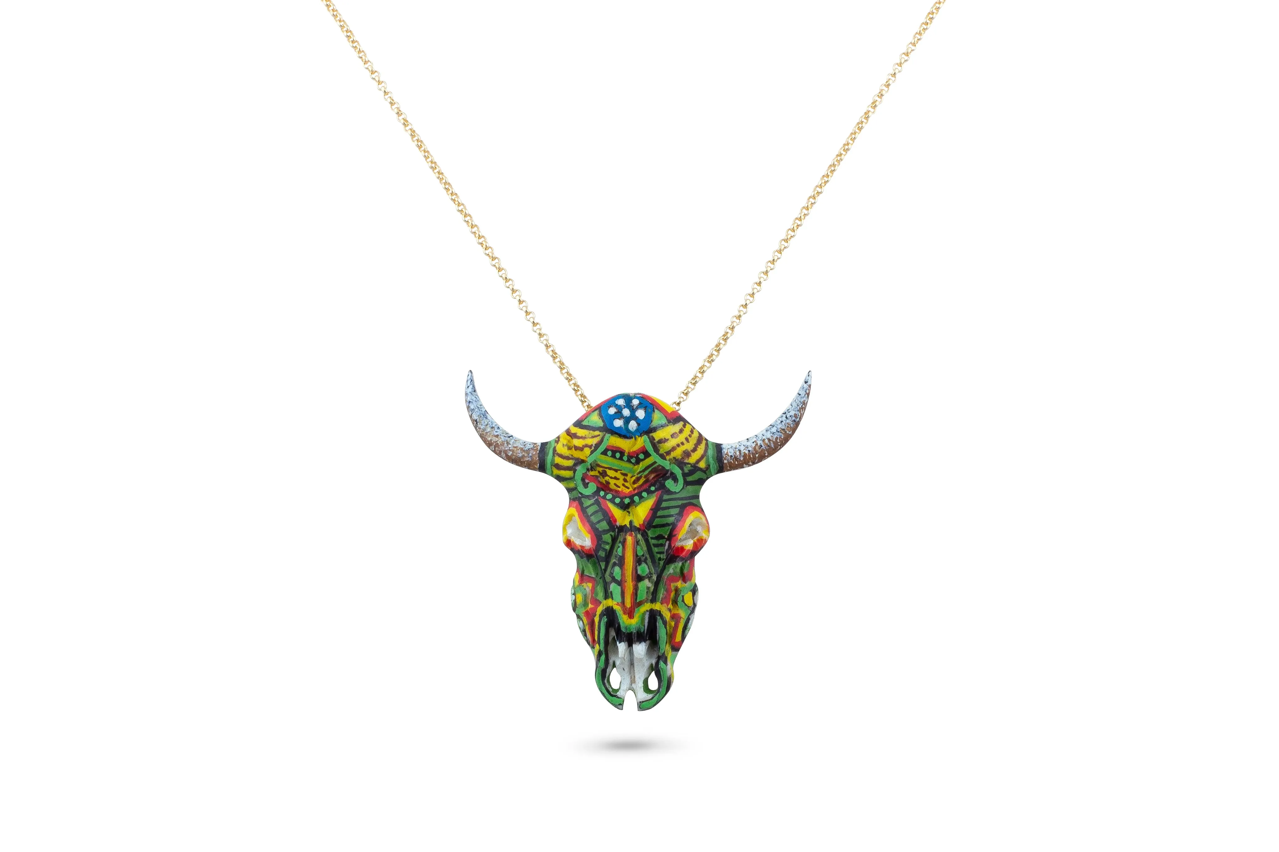 Hand Carved & Painted Steer Skull Pendant - Apache Mountain Spirit