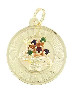 Happy Birthday Flowers Charm Medallion in 14 Karat Gold