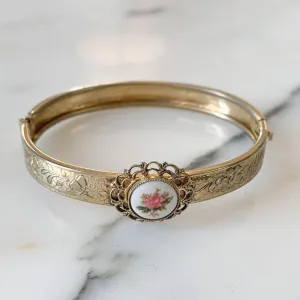 Hinged Bangle Bracelet with Hand Painted Rose Design on Porcelain
