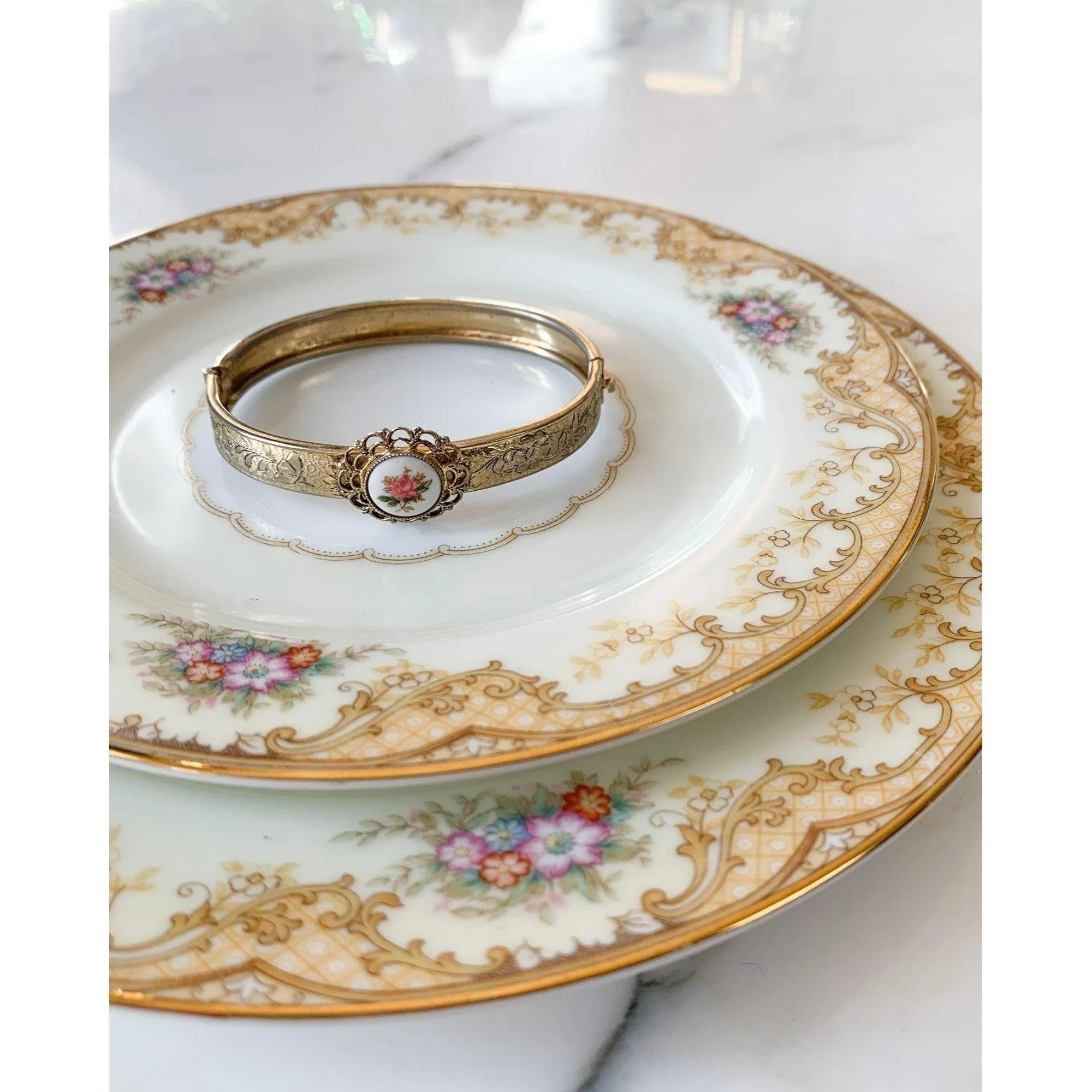 Hinged Bangle Bracelet with Hand Painted Rose Design on Porcelain