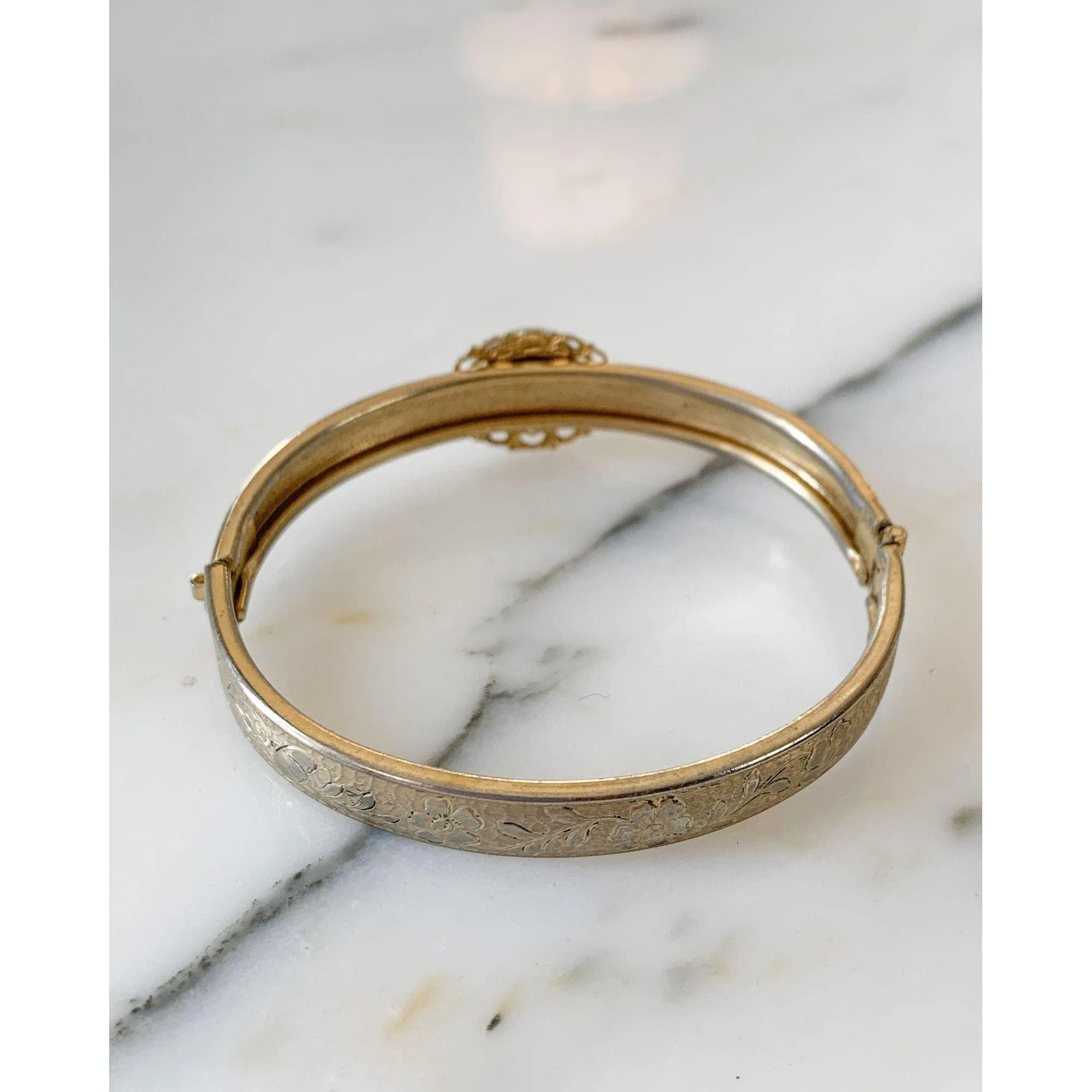 Hinged Bangle Bracelet with Hand Painted Rose Design on Porcelain