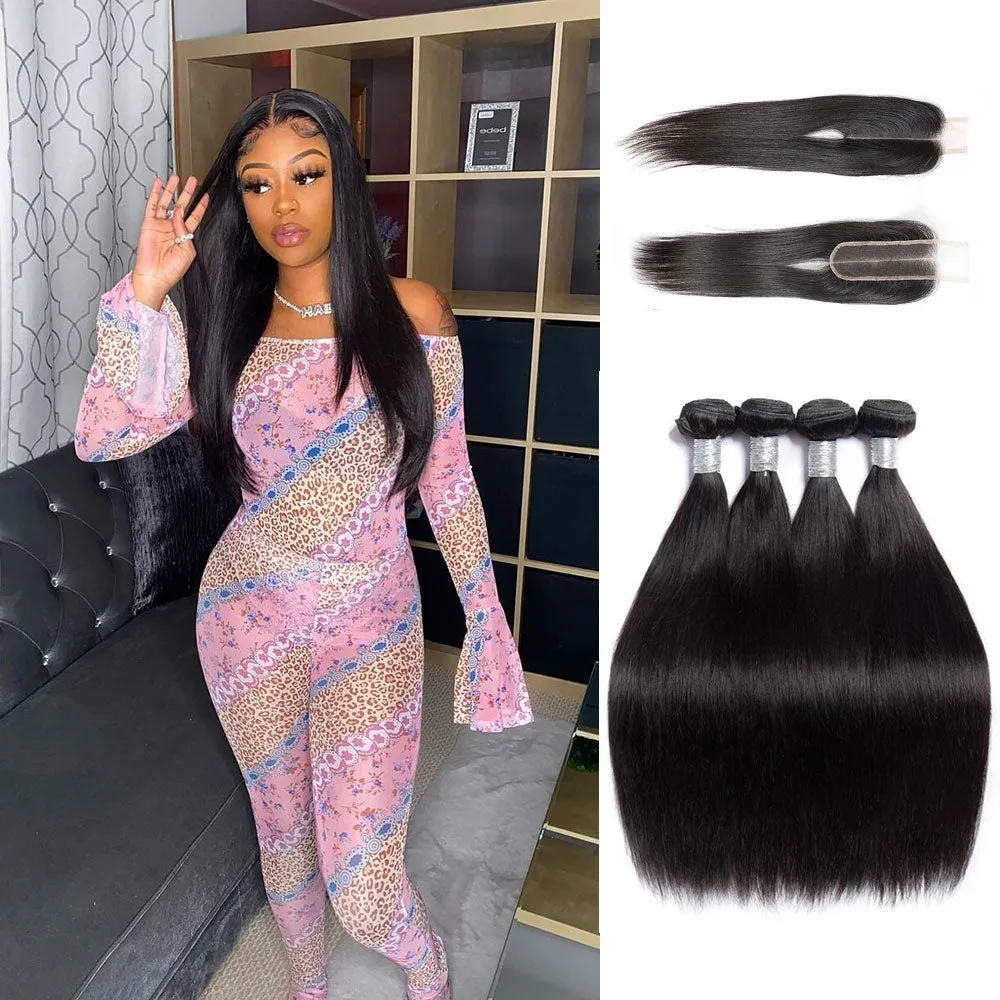 Human Hair 4 Bundles With 2x6 Lace Closure Straight Peruvian Virgin Hair
