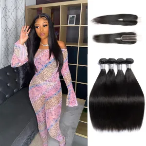 Human Hair 4 Bundles With 2x6 Lace Closure Straight Peruvian Virgin Hair