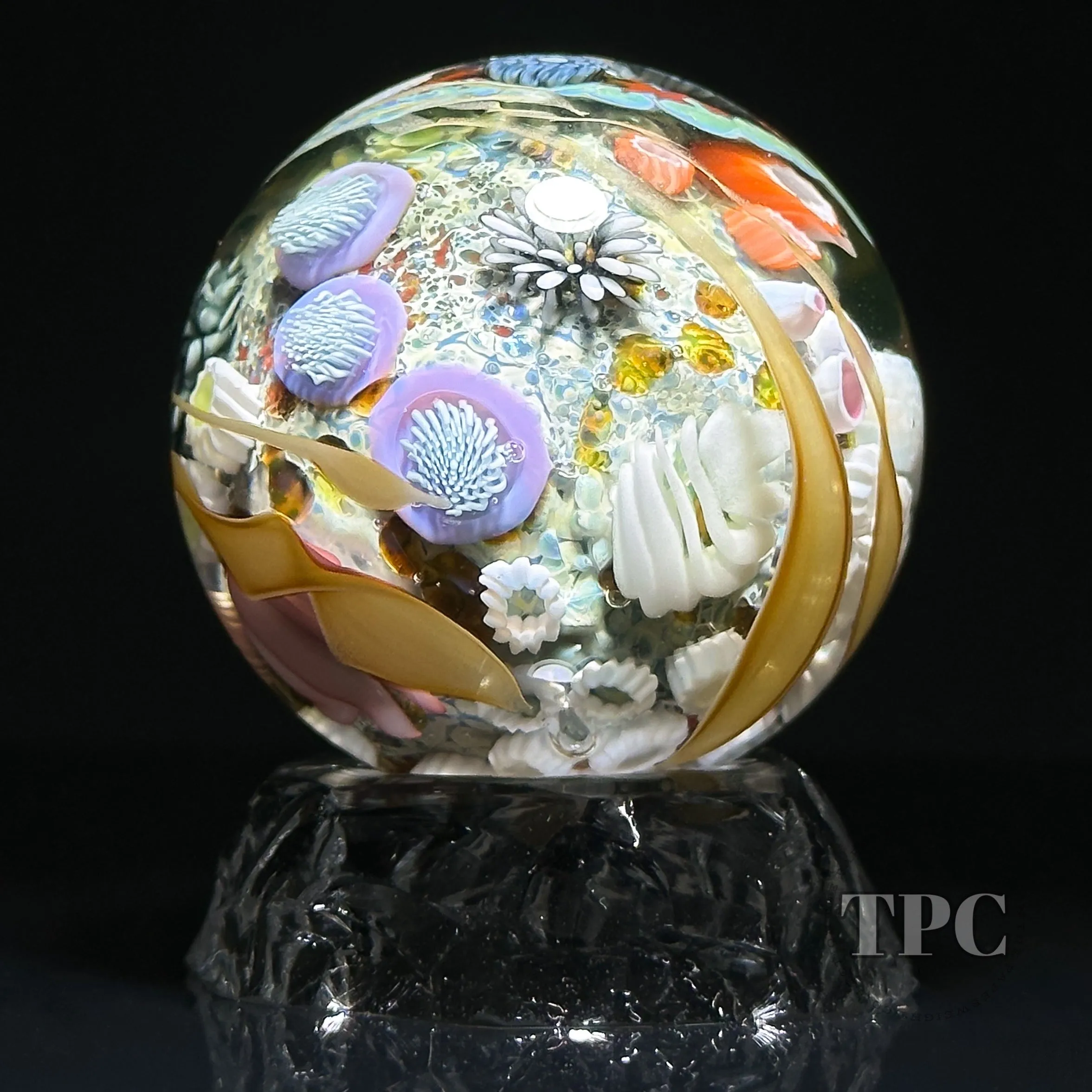 Jared DeLong 2023 Glass Art Marble Pacific Coast Tide Pool Series with Bioluminescent Barnacles & Flamework Kelp