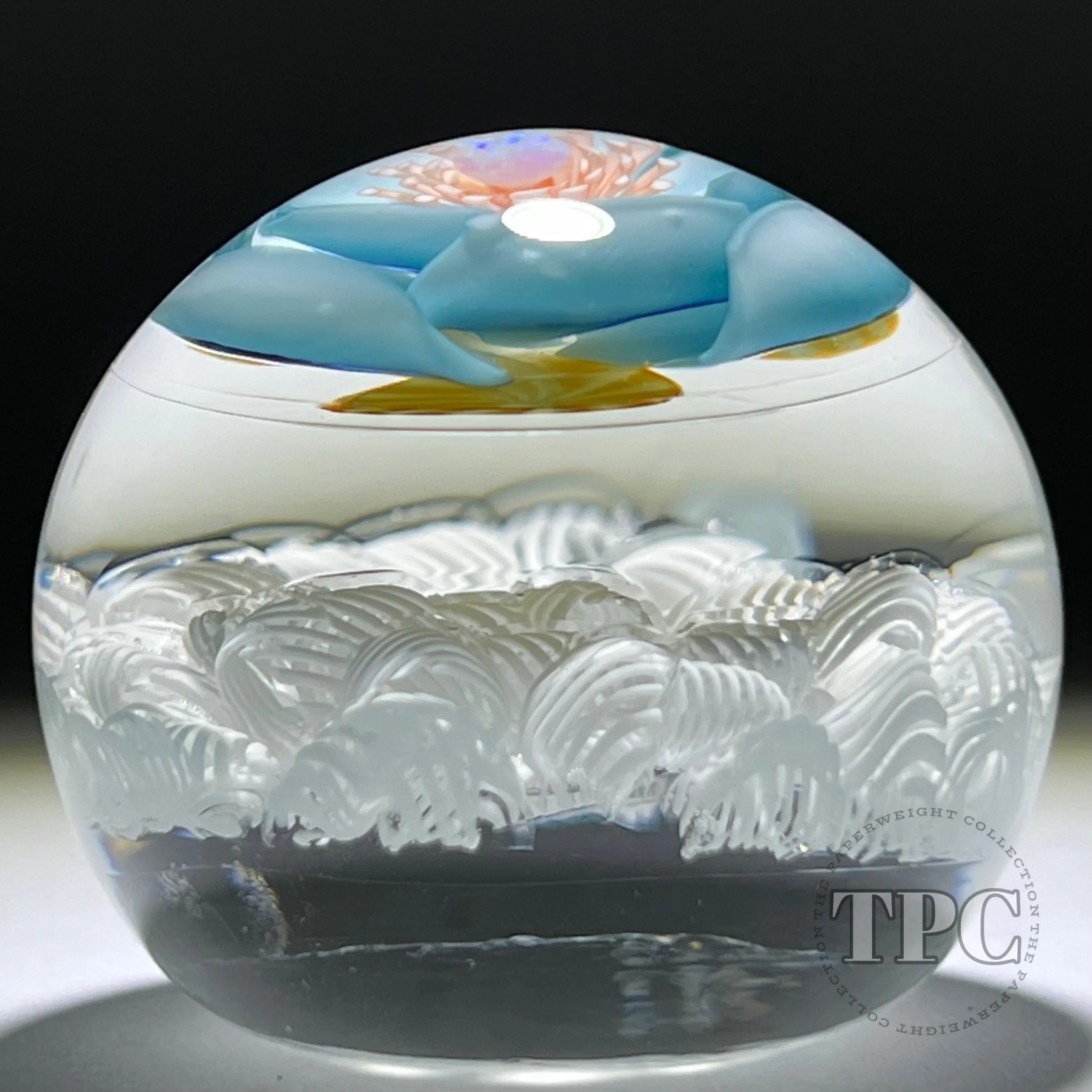 Jared DeLong Glass Art Paperweight Flamework Blue Blossom with Opal over Upset White Muslin Lace