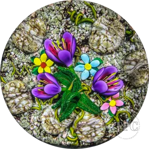 Ken Rosenfeld 1995 Glass Art Paperweight Flamework Wildflowers with Granite Rocks