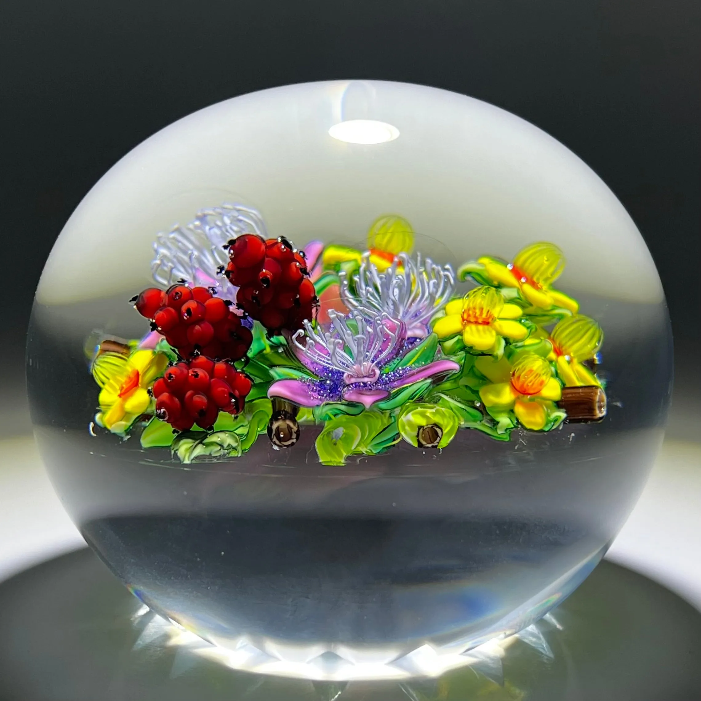 Ken Rosenfeld 2019 Flamework Glass Art Paperweight Flower and Berry Bouquet with Star-cut Base