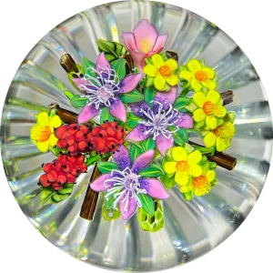 Ken Rosenfeld 2019 Flamework Glass Art Paperweight Flower and Berry Bouquet with Star-cut Base