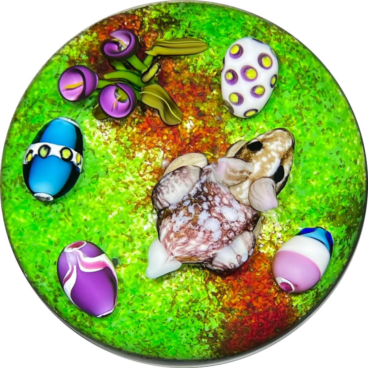 Ken Rosenfeld 2020 Flamework Bunny with Colorful Easter Eggs & Flowers