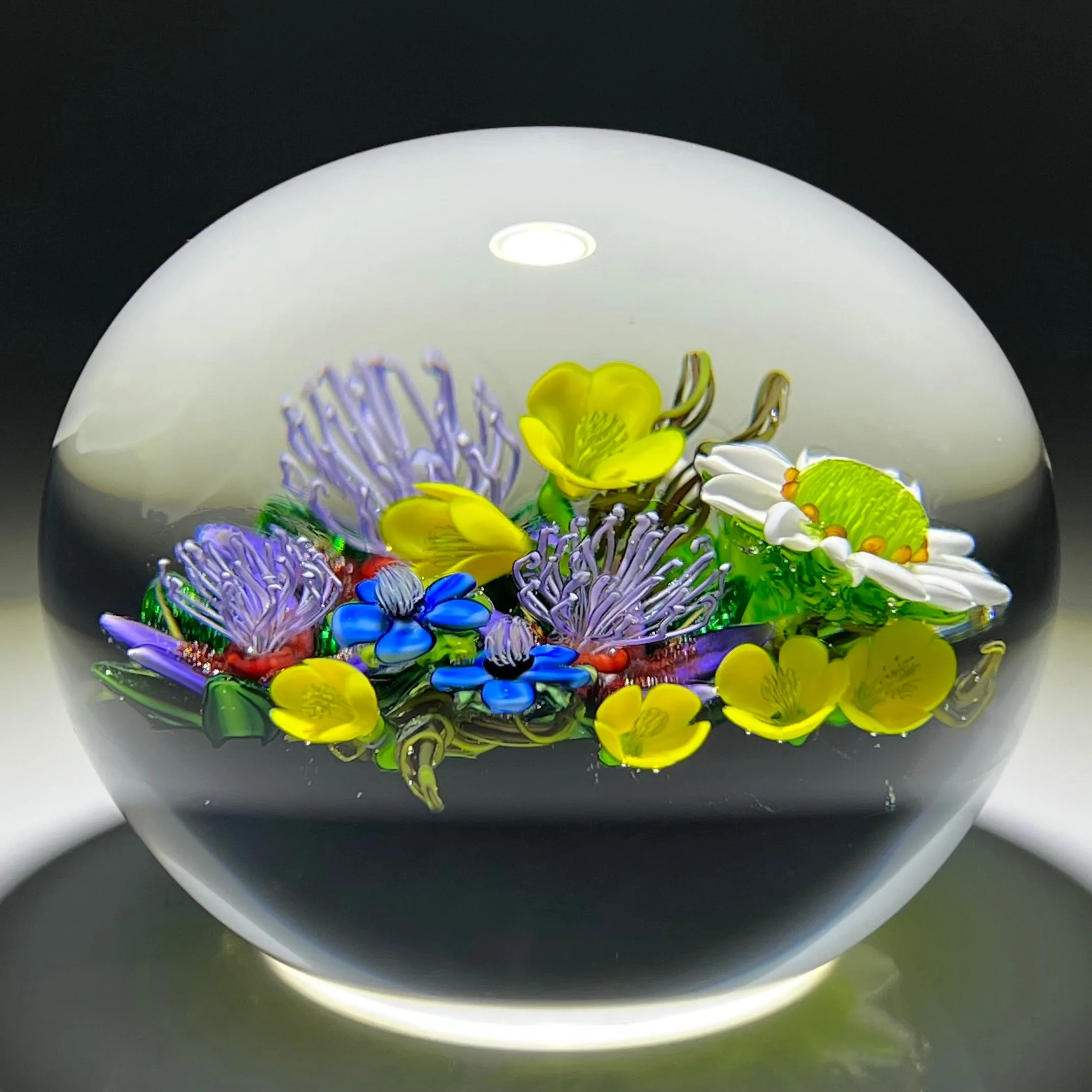 Ken Rosenfeld 2021 Flamework Glass Art Paperweight Colorful Flower Bouquet Including White Daisies and Forget-Me-Nots