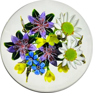 Ken Rosenfeld 2021 Flamework Glass Art Paperweight Colorful Flower Bouquet Including White Daisies and Forget-Me-Nots