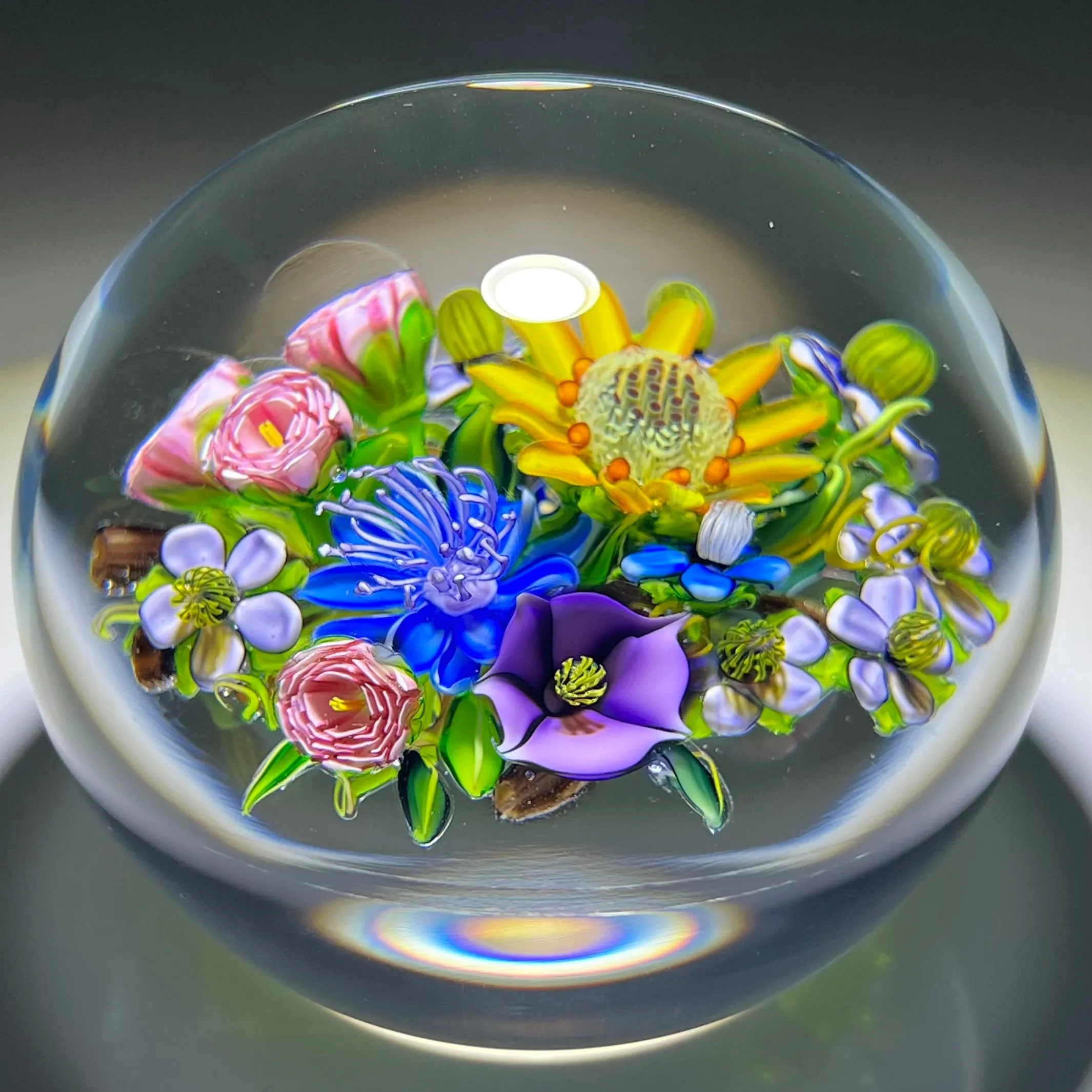 Ken Rosenfeld 2021 Glass Art Paperweight Flamework Flower Bouquet with Pink Clichy Style Roses