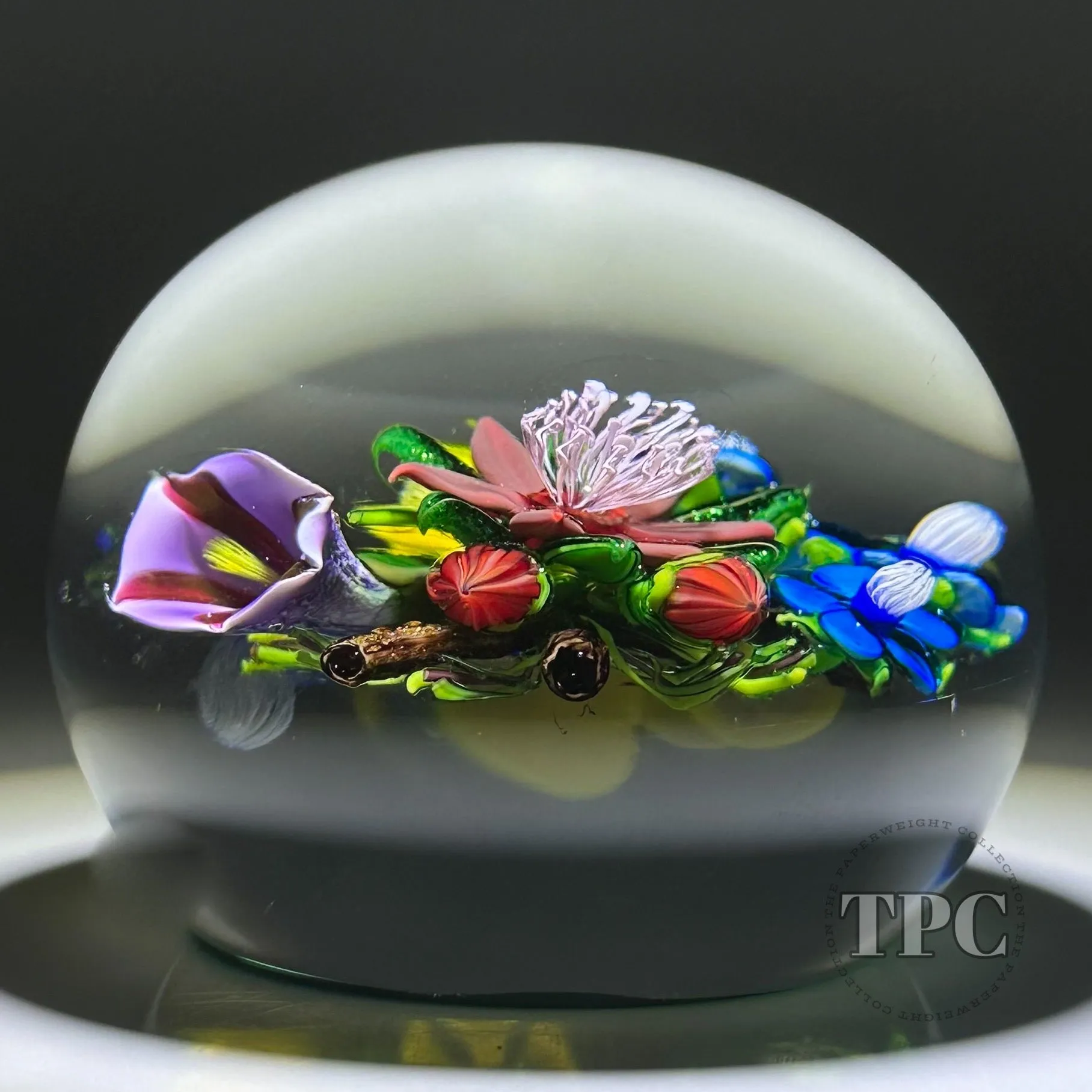 Ken Rosenfeld 2022 Glass Art Paperweight Flamework Flower Bouquet on Transparent Dark Emerald Green Ground