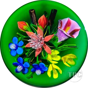 Ken Rosenfeld 2022 Glass Art Paperweight Flamework Flower Bouquet on Transparent Dark Emerald Green Ground