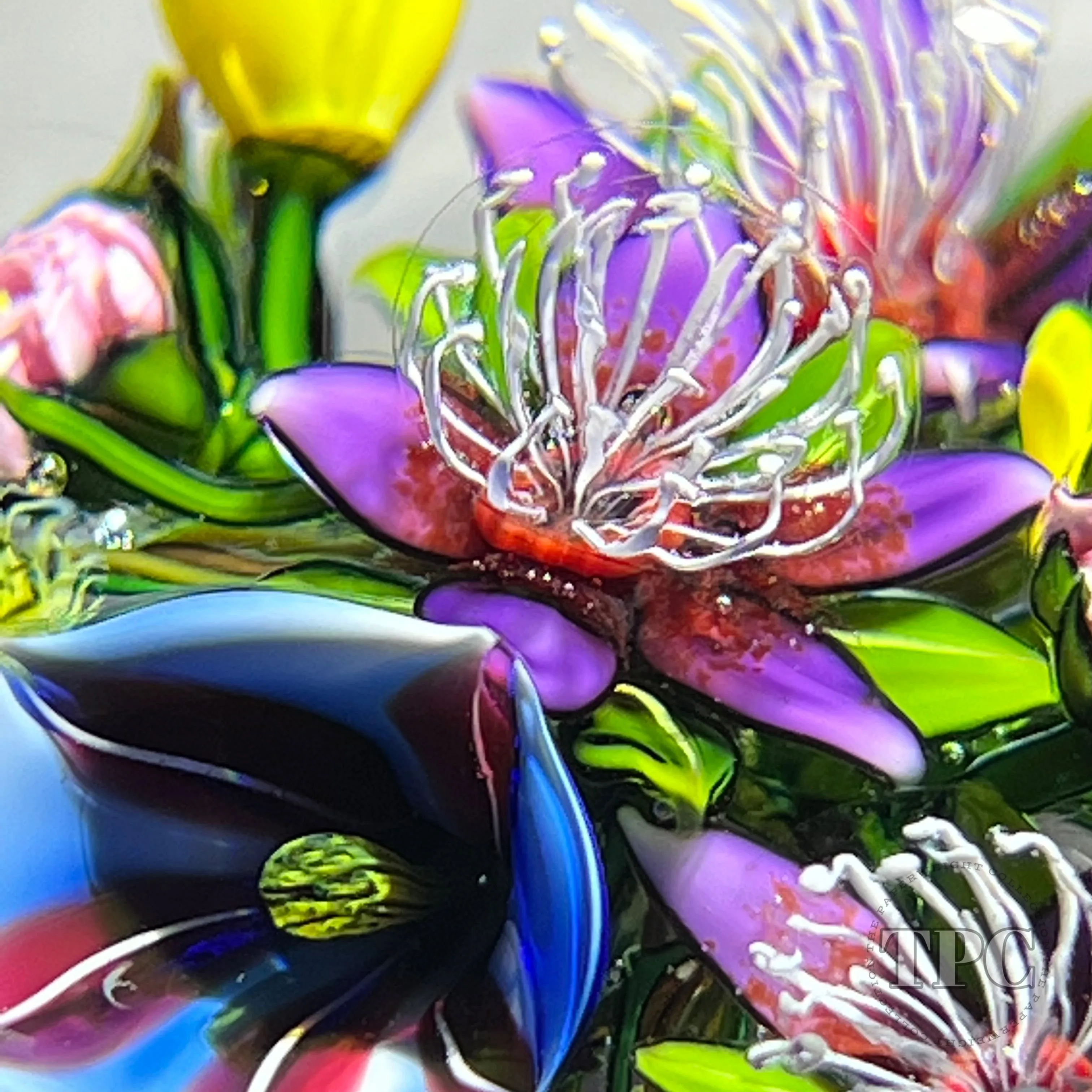 Ken Rosenfeld 2022 Glass Art Paperweight Flamework Morning Glory and Columbine Bouquet with Pink Clichy Roses