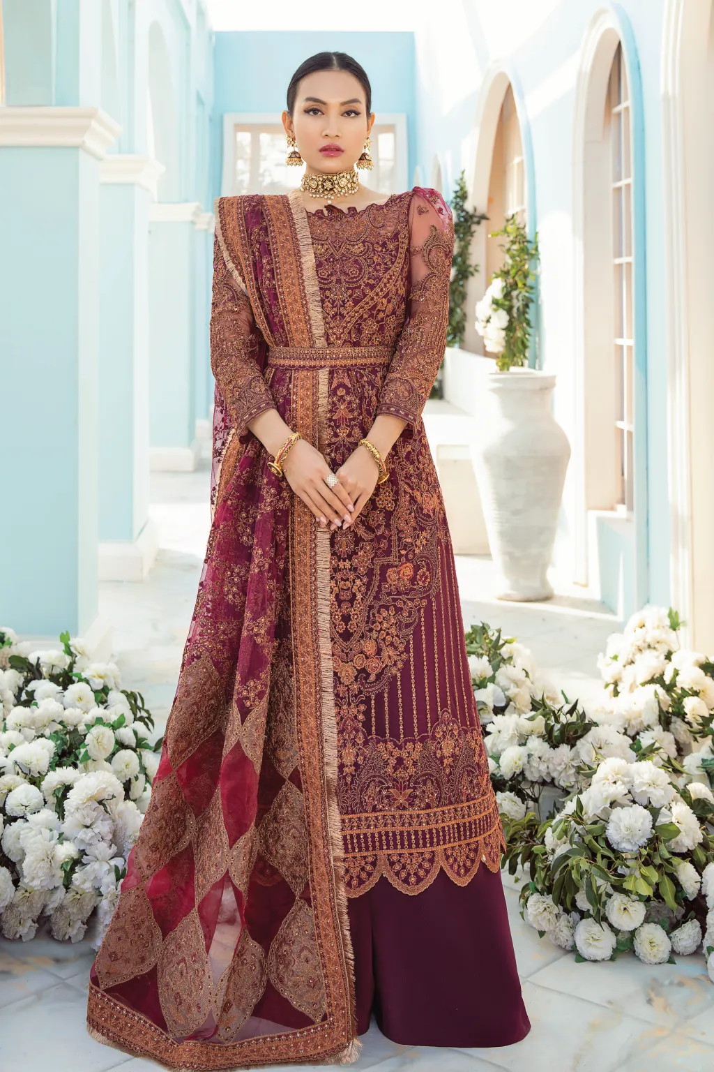 Latest Fancy Salwar Kameez in Rosewood Red Shade #PF467