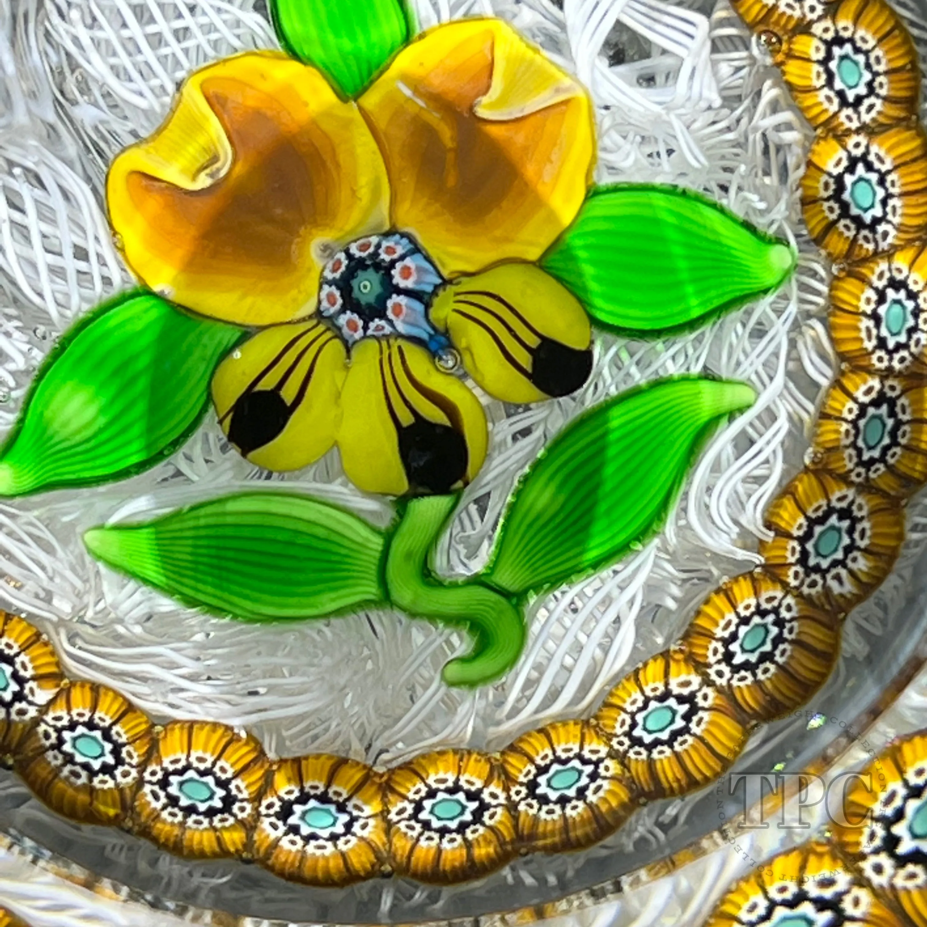 LE Perthshire Paperweights 1971B Glass Art paperweight Faceted Flamework Yellow Pansy With Millefiori Garland