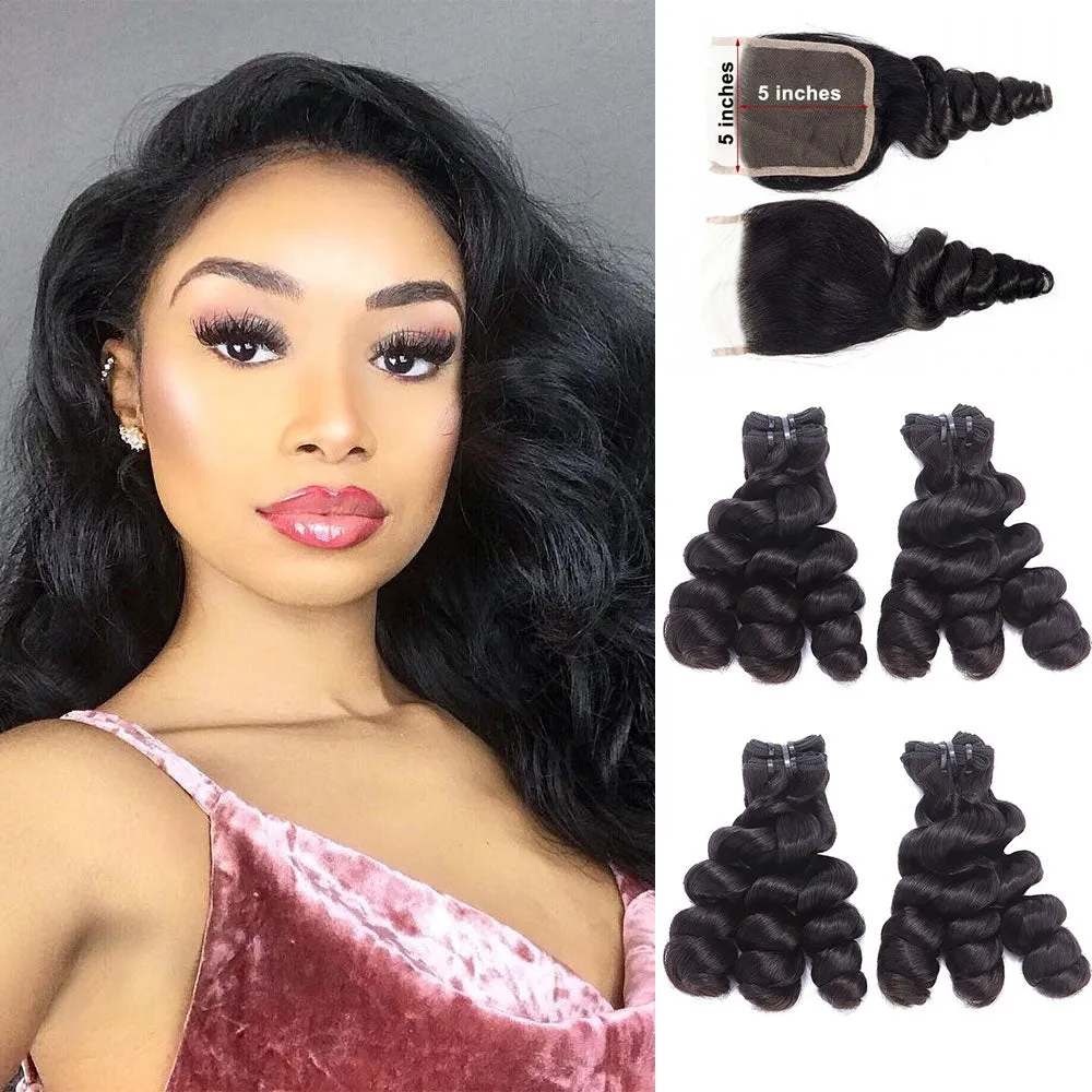 Loose Wave 4 Bundles With 5x5 Lace Closure 100% Unprocessed Virgin Human Hair