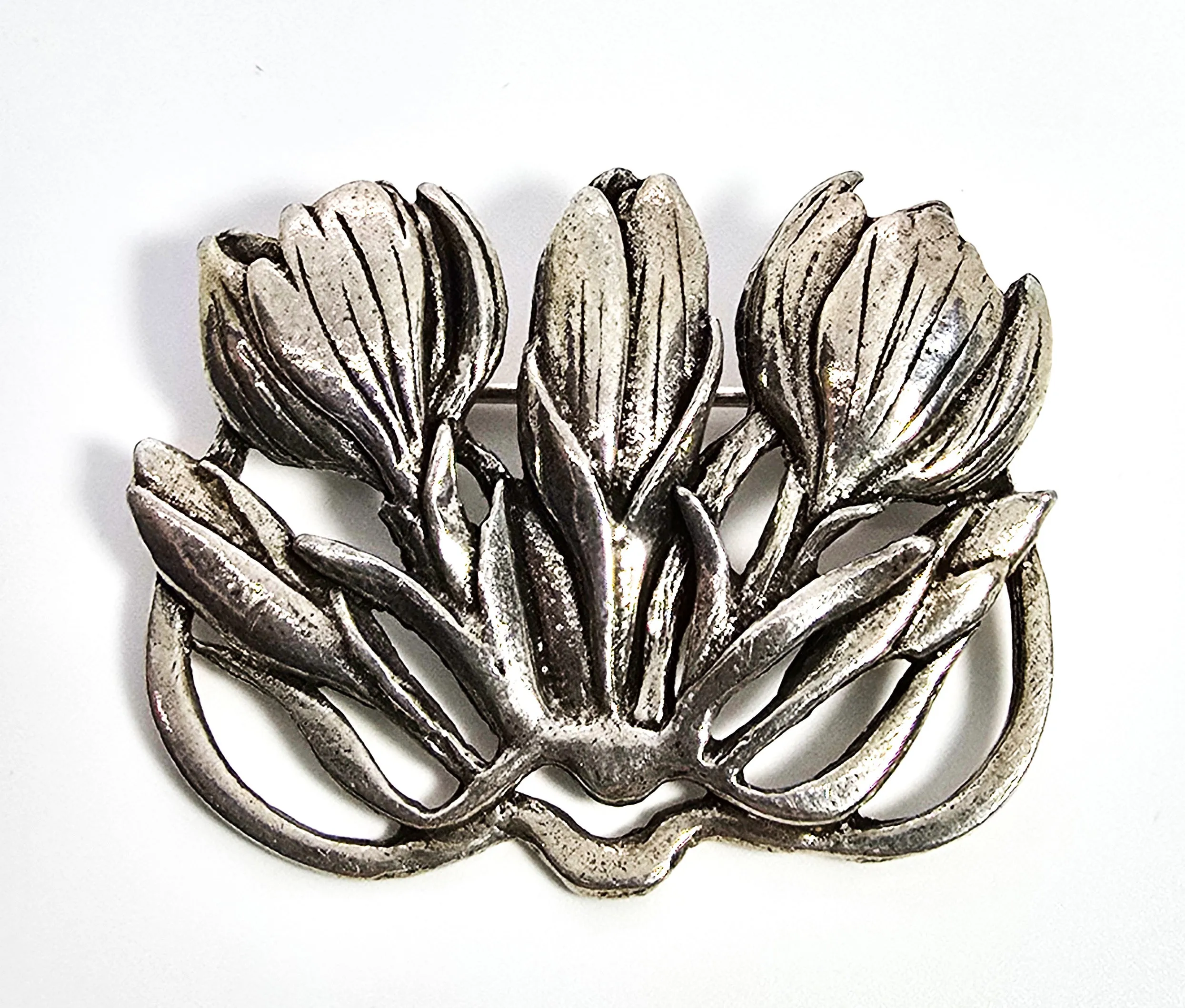 MASJ Silver Scenes silver plated pewter flowers tulip signed brooch 1995