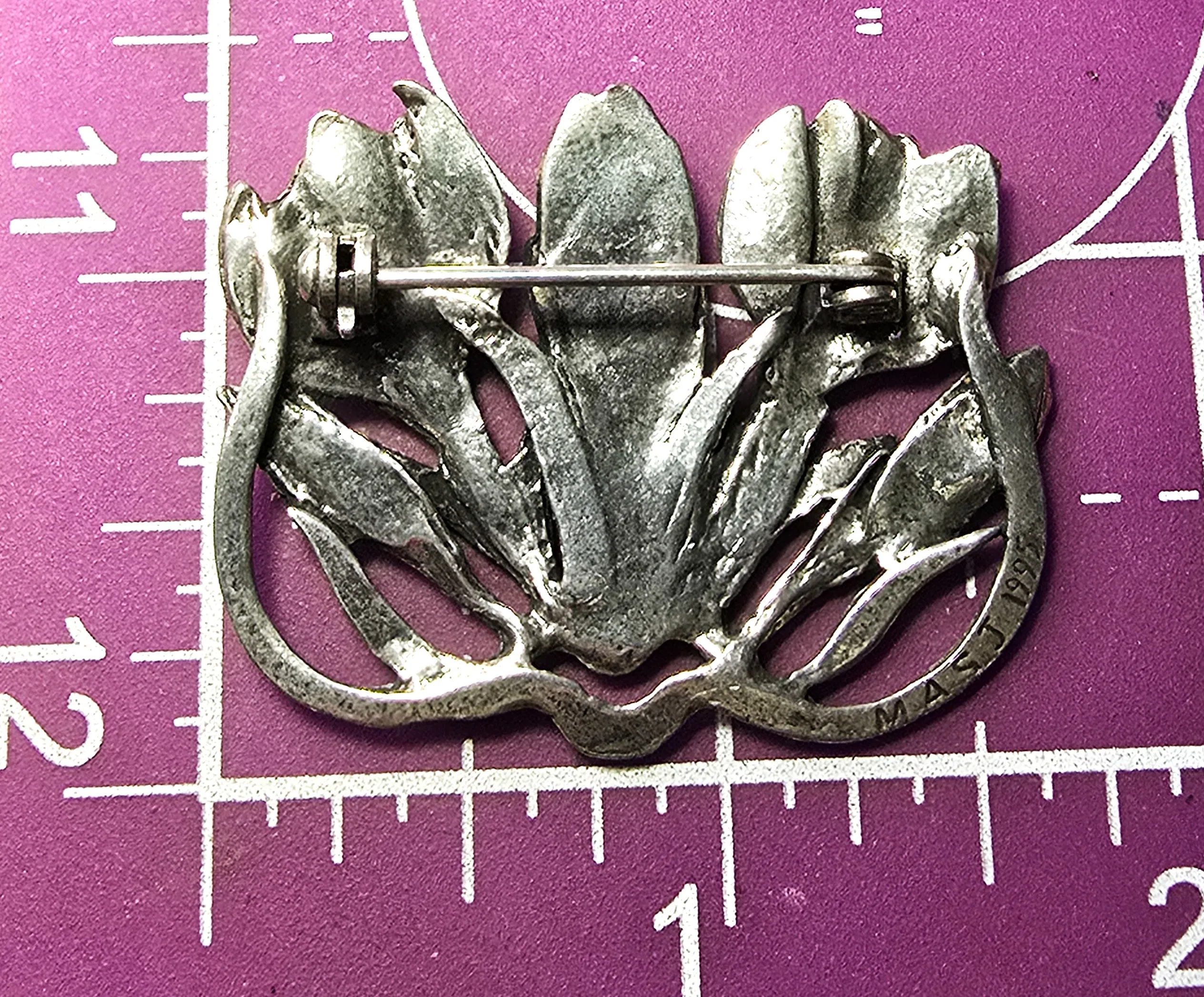 MASJ Silver Scenes silver plated pewter flowers tulip signed brooch 1995