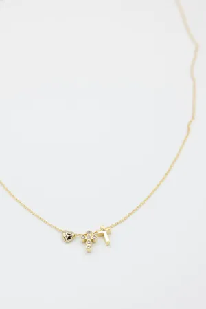 Mini Heart and Double Cross Necklace in Gold | IND590 GDCRY