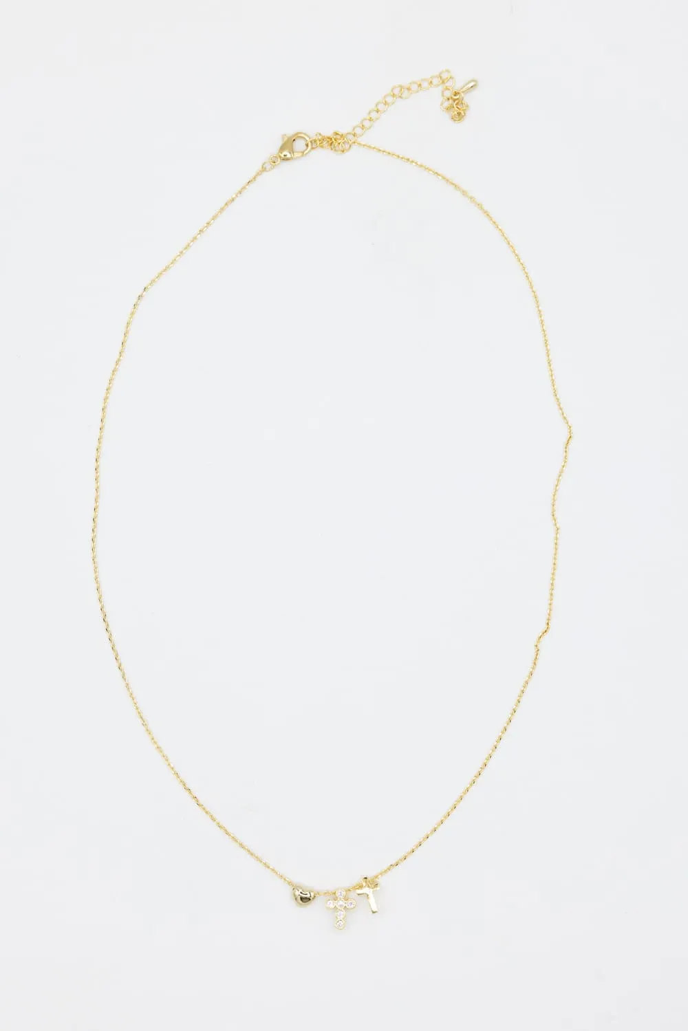Mini Heart and Double Cross Necklace in Gold | IND590 GDCRY