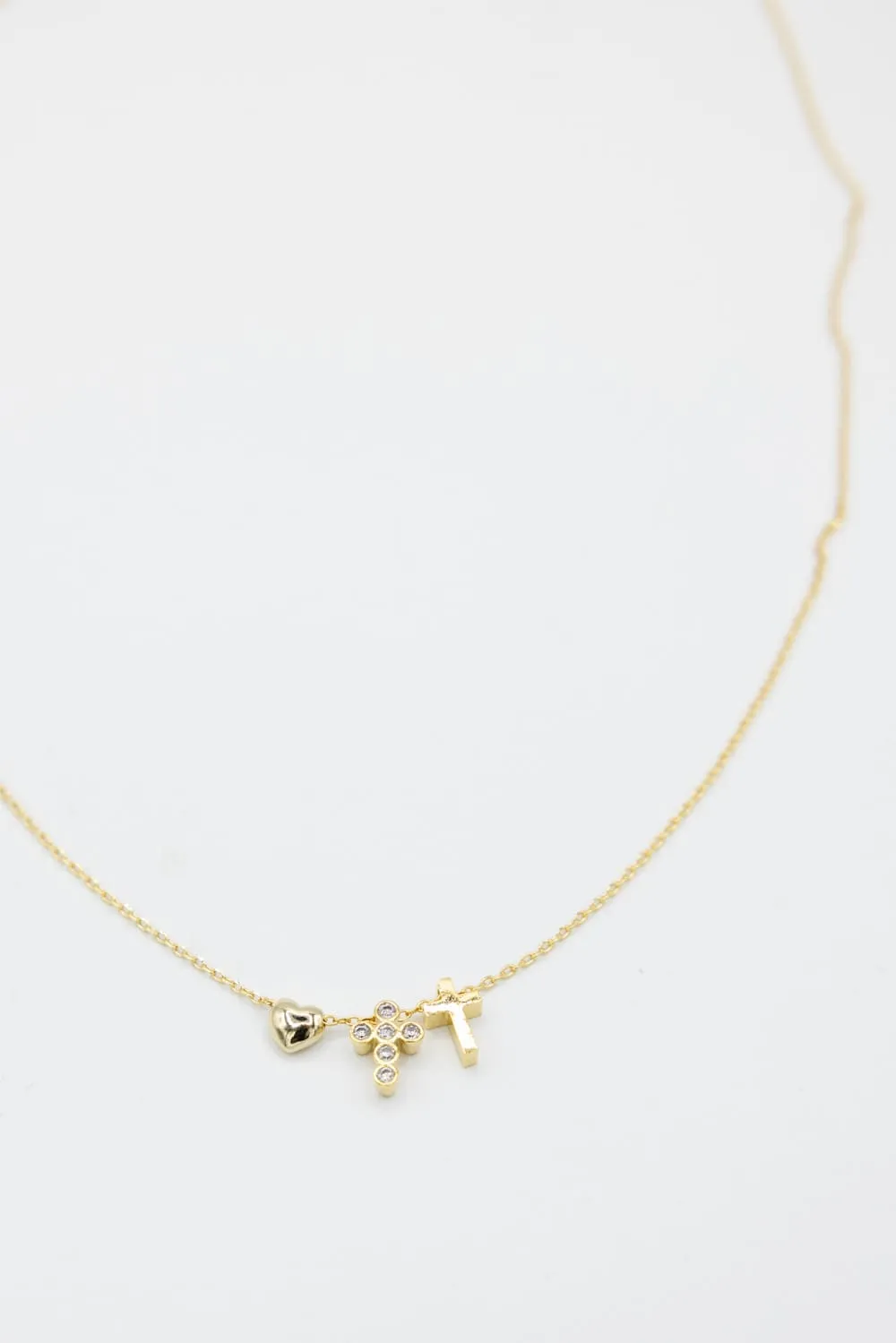 Mini Heart and Double Cross Necklace in Gold | IND590 GDCRY