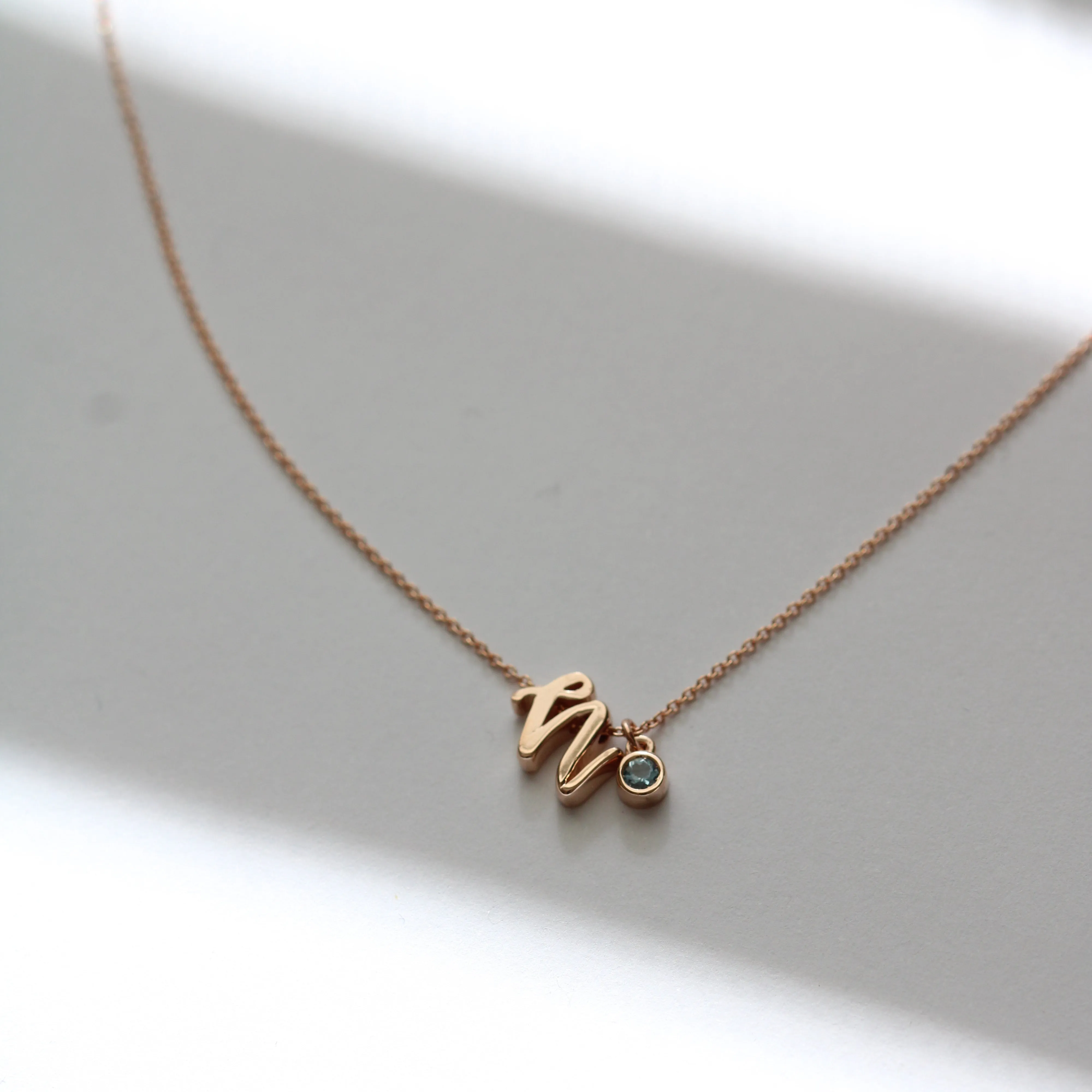 Mini Love Letter Necklace with Dangly Bezel Birthstone (Rose Gold)