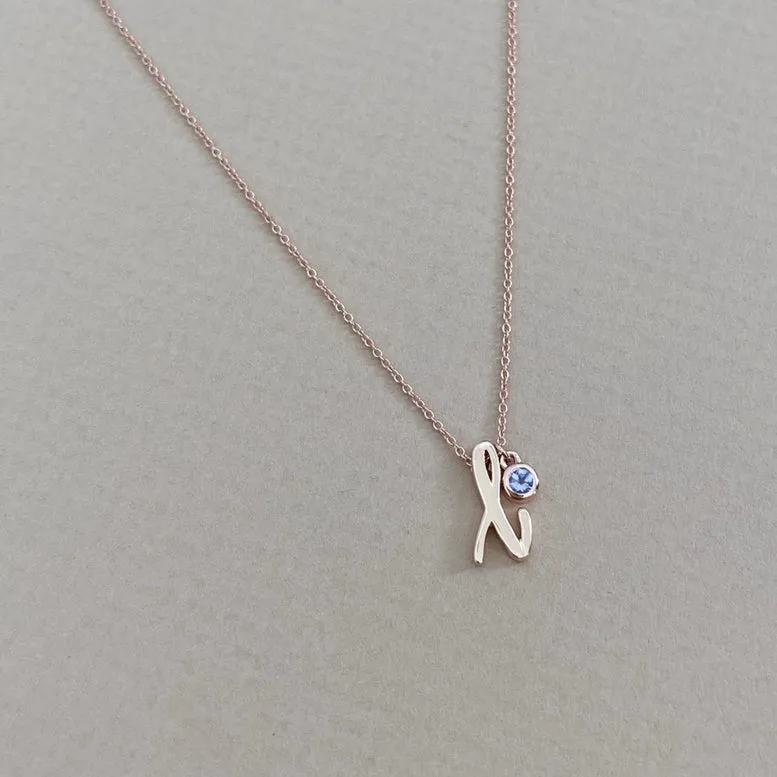 Mini Love Letter Necklace with Dangly Bezel Birthstone (Rose Gold)