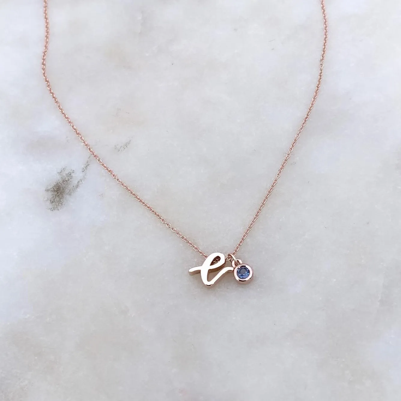 Mini Love Letter Necklace with Dangly Bezel Birthstone (Rose Gold)