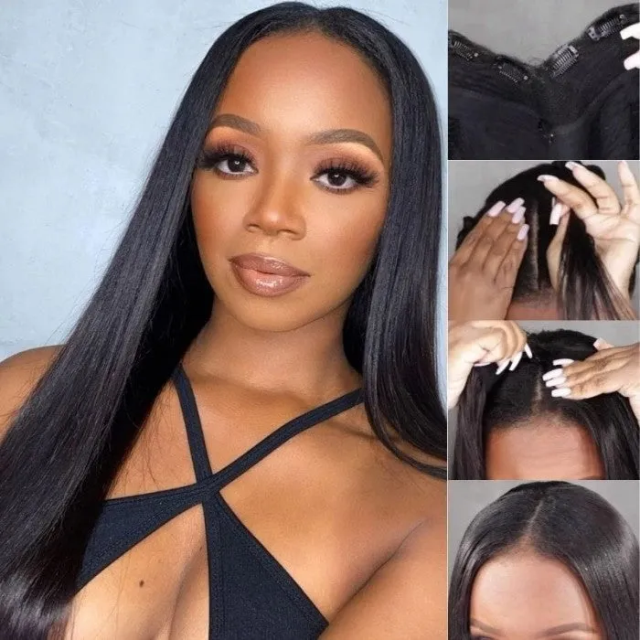 Modern Show 180 Density V Part Straight Wig Real Glueless Remy Human Hair Wigs Natural Black Color