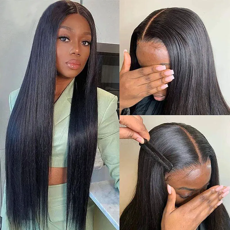 Modern Show 180 Density V Part Straight Wig Real Glueless Remy Human Hair Wigs Natural Black Color