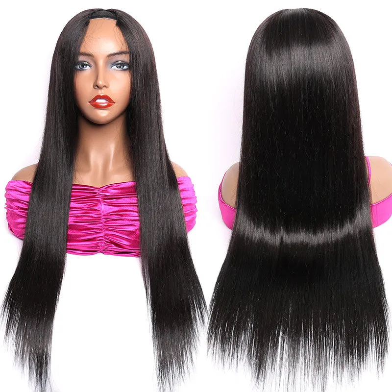 Modern Show 180 Density V Part Straight Wig Real Glueless Remy Human Hair Wigs Natural Black Color