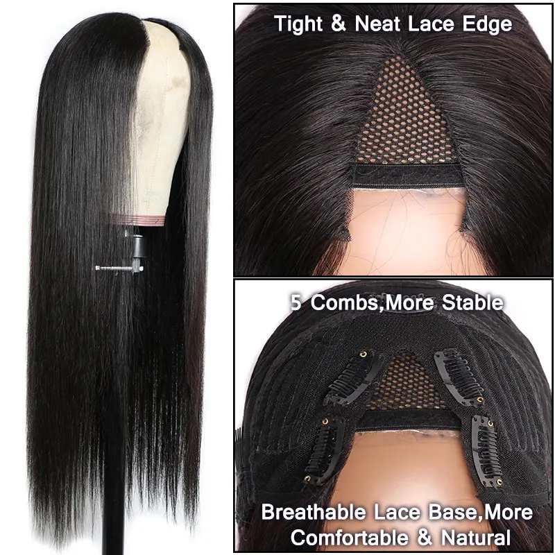Modern Show 180 Density V Part Straight Wig Real Glueless Remy Human Hair Wigs Natural Black Color