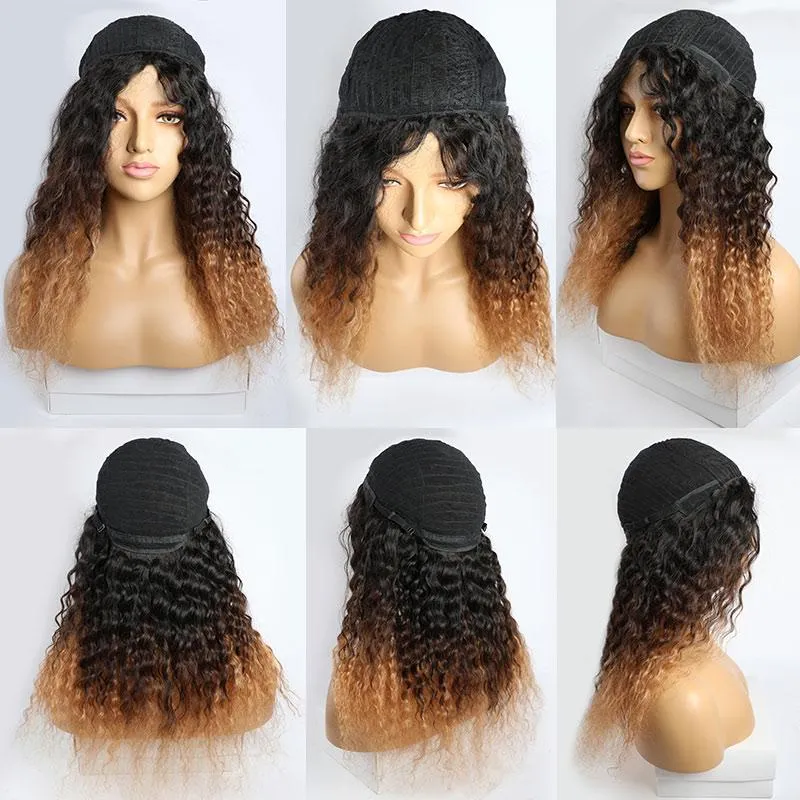 Modern Show Black Brown to Strawberry Blonde Three-tone Ombre Color Glueless Brazilian Curly Human Hair Wig