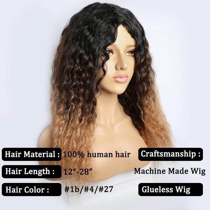 Modern Show Black Brown to Strawberry Blonde Three-tone Ombre Color Glueless Brazilian Curly Human Hair Wig