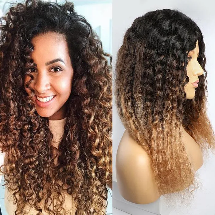 Modern Show Black Brown to Strawberry Blonde Three-tone Ombre Color Glueless Brazilian Curly Human Hair Wig
