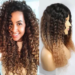 Modern Show Black Brown to Strawberry Blonde Three-tone Ombre Color Glueless Brazilian Curly Human Hair Wig