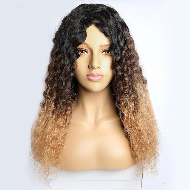 Modern Show Black Brown to Strawberry Blonde Three-tone Ombre Color Glueless Brazilian Curly Human Hair Wig