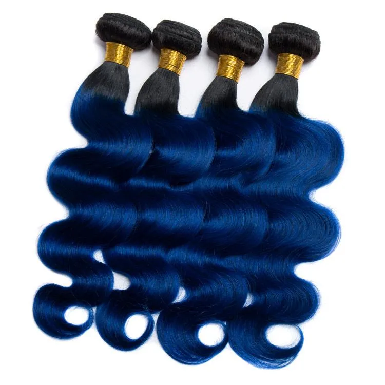 Modern Show Black Root Blue Hair Body Wave 4 Bundles With 4x4 Closure Remy Brazilian Human Hair