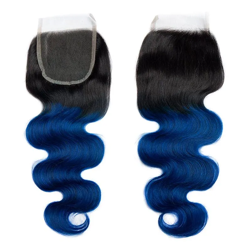 Modern Show Black Root Blue Hair Body Wave 4 Bundles With 4x4 Closure Remy Brazilian Human Hair