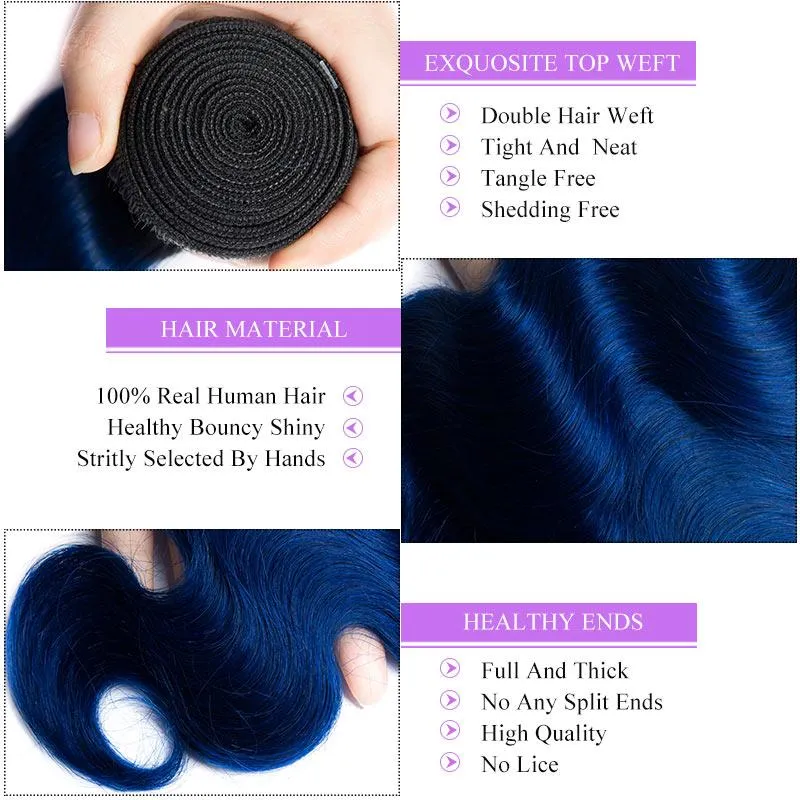 Modern Show Black Root Blue Hair Body Wave 4 Bundles With 4x4 Closure Remy Brazilian Human Hair