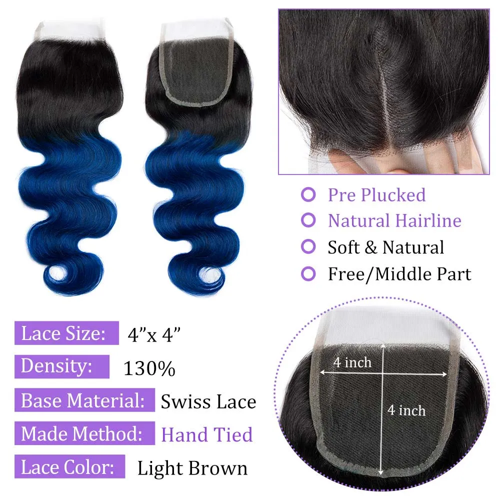 Modern Show Black Root Blue Hair Body Wave 4 Bundles With 4x4 Closure Remy Brazilian Human Hair